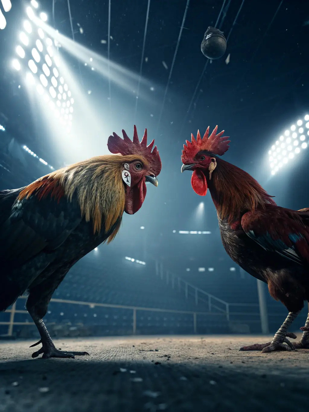 A high-energy image of animated cockfighting roosters in a traditional arena, capturing the intensity and strategy of virtual cockfighting matches.