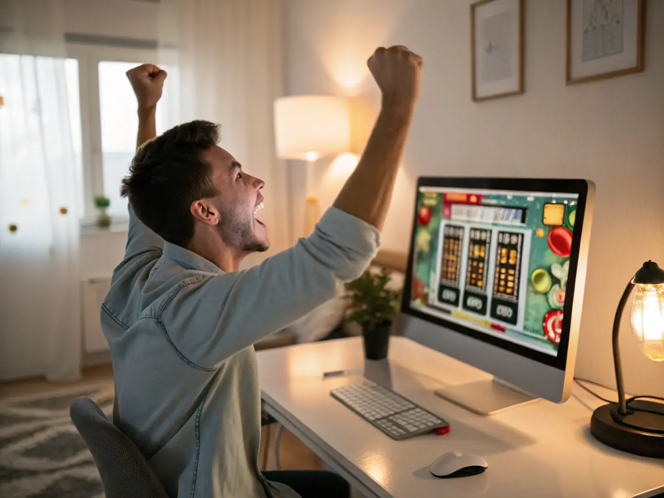 An engaging image of colorful slot machine reels with vibrant graphics and a player celebrating a win, representing the excitement of online slot machines at CCZZ Casino.
